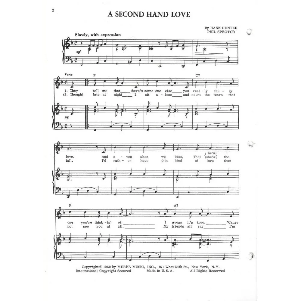 A Second Hand Love Sheet Music 1962 Connie Francis Phil Spector Hank Hunter - Picture 3 of 3